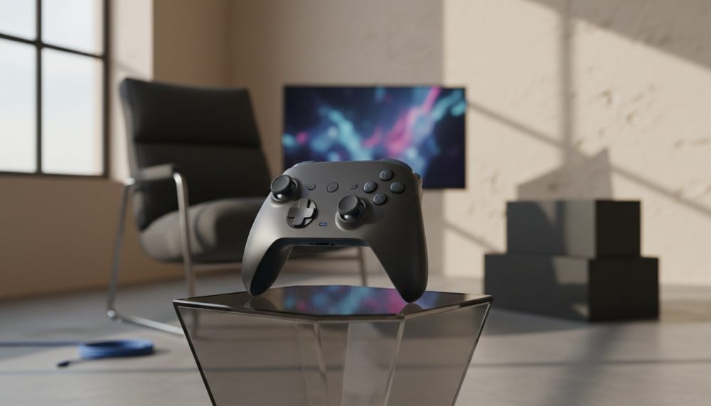 Comando de videojogos negro em mesa translúcida com cadeira e monitor ao fundo em sala moderna
