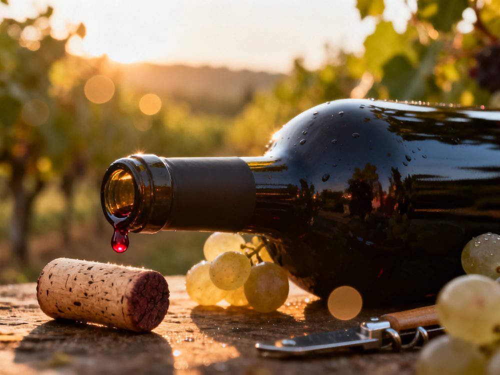 Garrafa de vinho tinto deitada com gota, rolha e cachos de uvas brancas em vinha ao pôr do sol