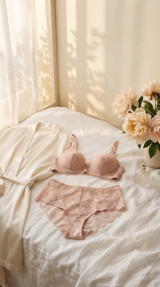 Conjunto de lingerie rosa suave em renda sobre cama branca com robe creme e flores