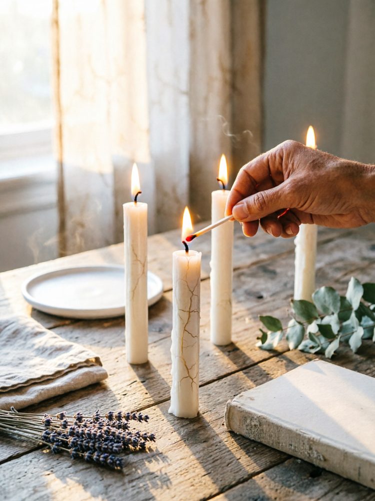 Mão a acender uma vela branca numa mesa rústica com outras velas acesas e ramo de lavanda