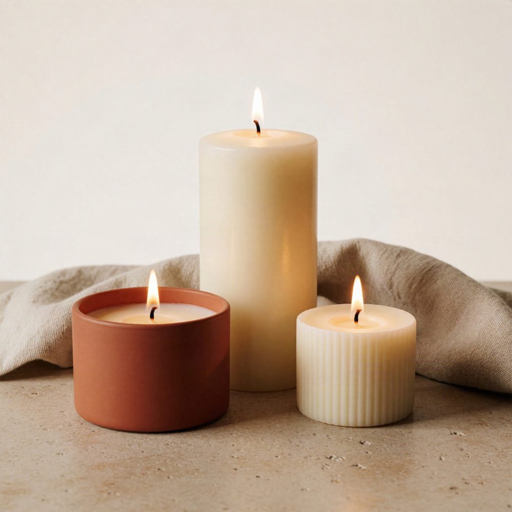 Três velas acesas em diferentes formatos e recipientes dispostas sobre superfície neutra com pano bege ao fundo