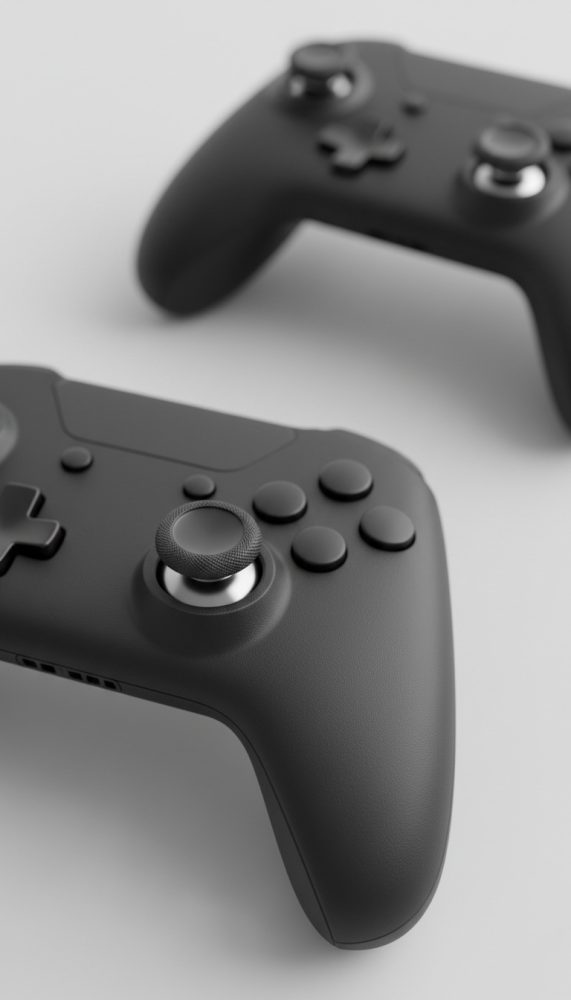 Dois comandos de jogos pretos sobre fundo claro com foco no joystick de um deles