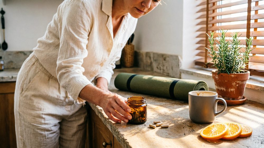 Pessoa a pegar suplemento natural em frasco âmbar na bancada de cozinha com chávena e laranja