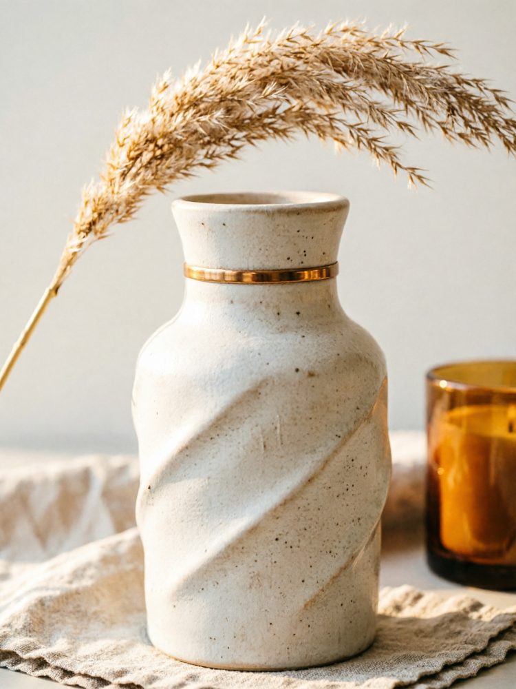 Jarra de cerâmica branca com anel dourado e espiga seca, decorada com vela âmbar ao fundo