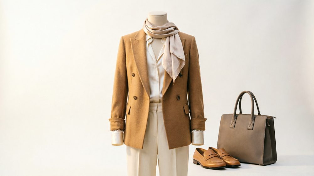 Conjunto formal com blazer camel, camisa creme, lenço, calças claras, sapatos castanhos e mala taupe.