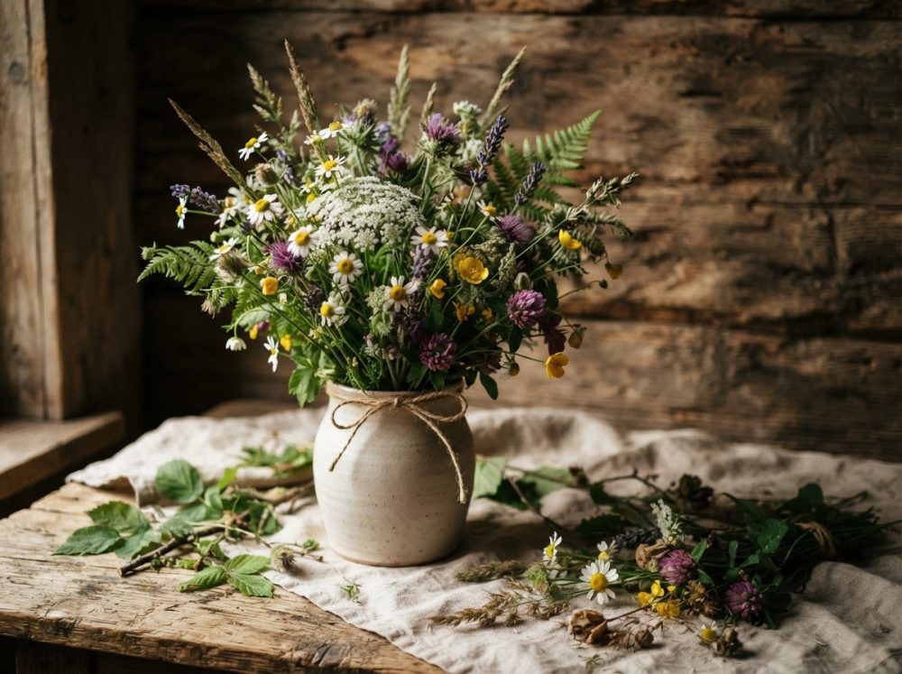 Vaso de cerâmica com bouquet de flores silvestres variadas sobre mesa de madeira rústica
