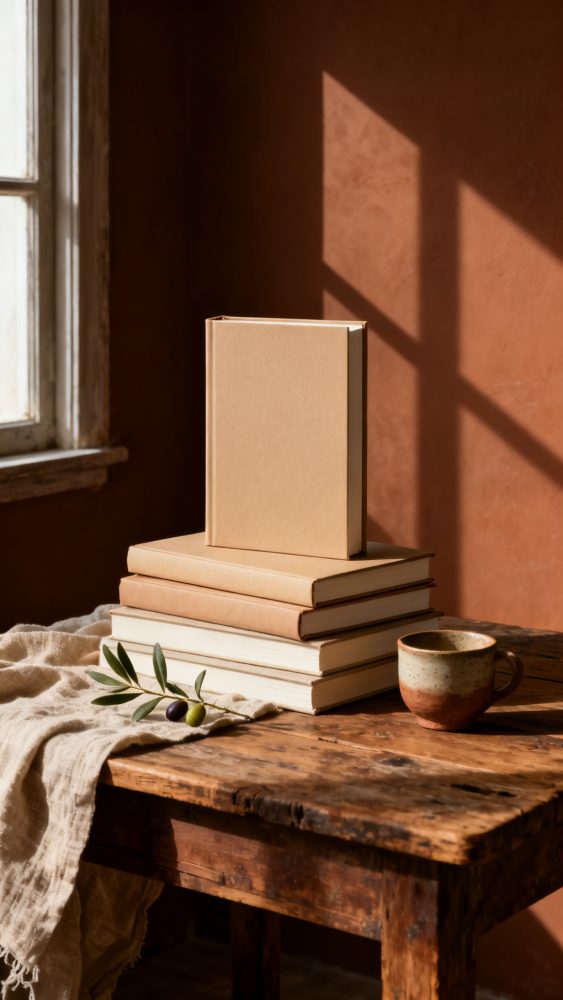 Livros com capas bege empilhados numa mesa rústica com uma chávena e ramo de oliveira, iluminados por luz natural
