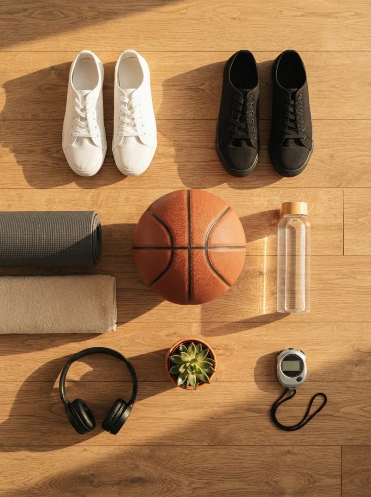 Equipamento desportivo organizado com ténis, bola de basket, tapetes, garrafa, headphones e cronómetro sobre chão de madeira