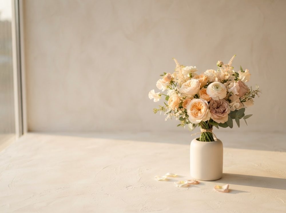Bouquet de flores brancas e pêssego numa jarra branca sobre superfície clara