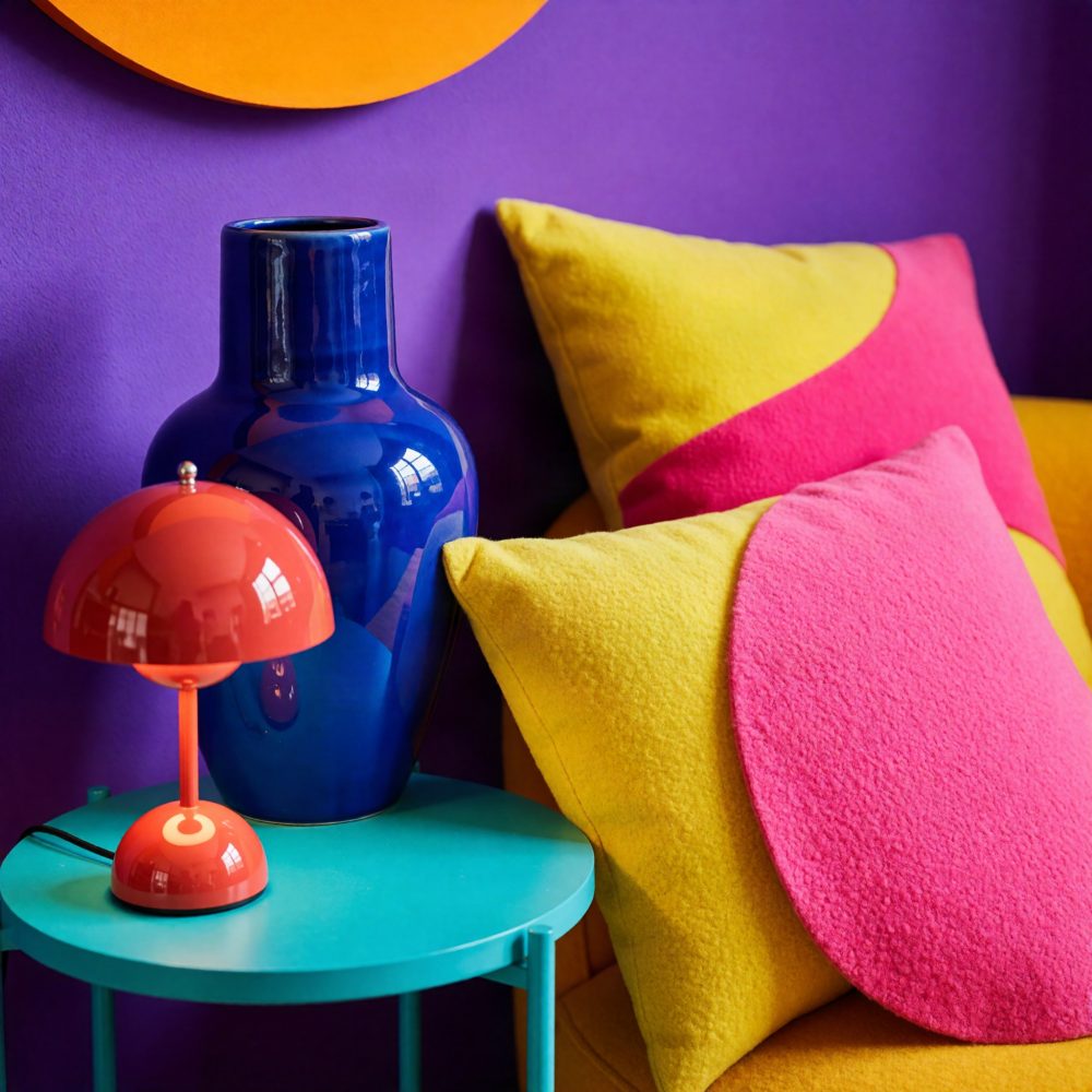 Mesa azul com vaso azul, candeeiro laranja e almofadas amarelas e rosa contra parede roxa