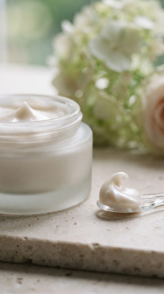 Frasco de creme facial aberto com espátula a mostrar creme cremoso, flores desfocadas ao fundo