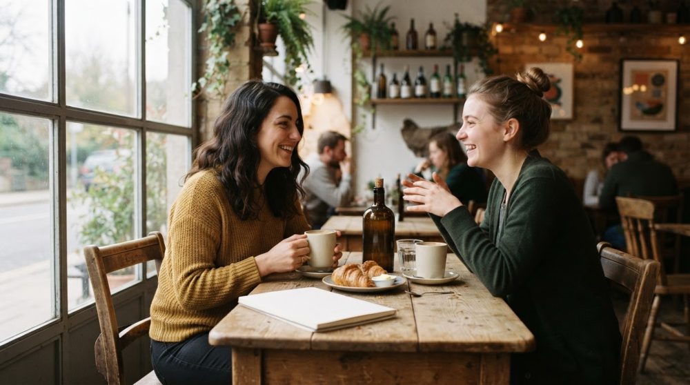 Duas amigas felizes a falar enquanto tomam café sentadas numa mesa de madeira junto a janela de um café com plantas