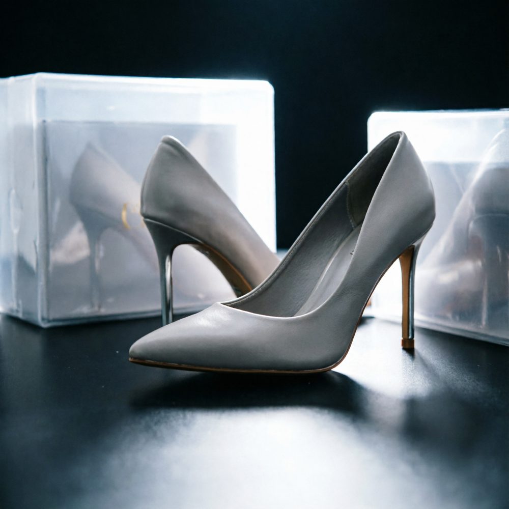 Par de sapatos de salto alto cinzentos junto a caixas transparentes em fundo escuro