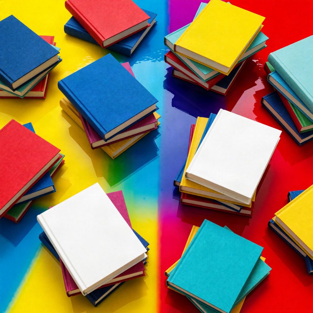 Pilhas de livros coloridos sobre fundo brilhante multicolorido