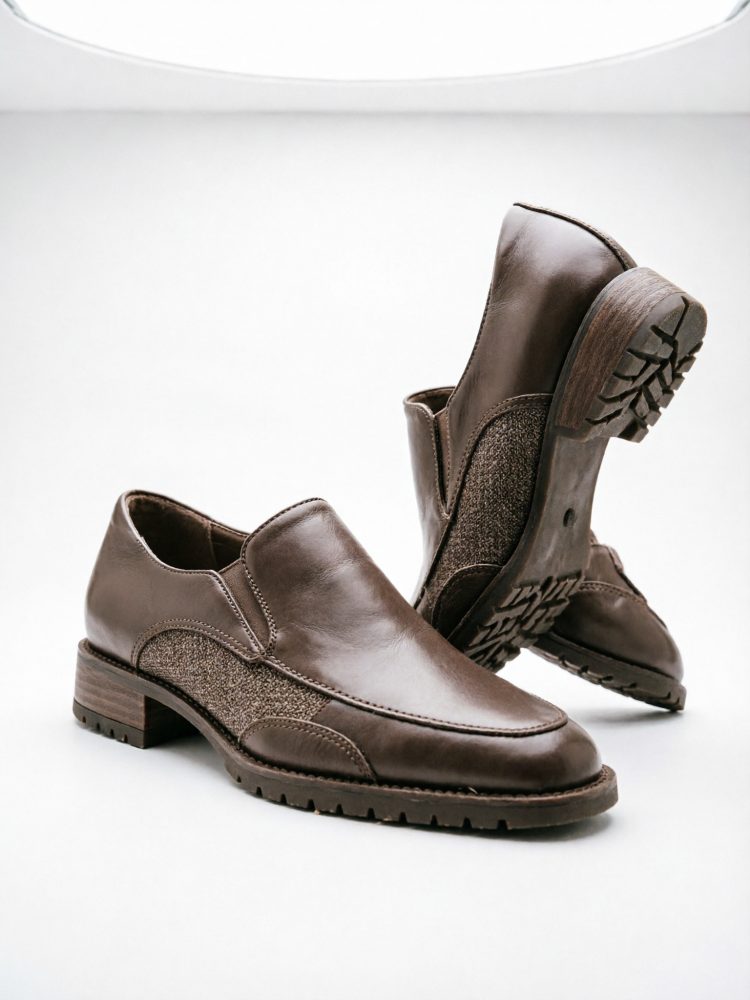Par de sapatos masculinos marrons em couro com sola robusta e antiderrapante, posicionados sobre fundo branco
