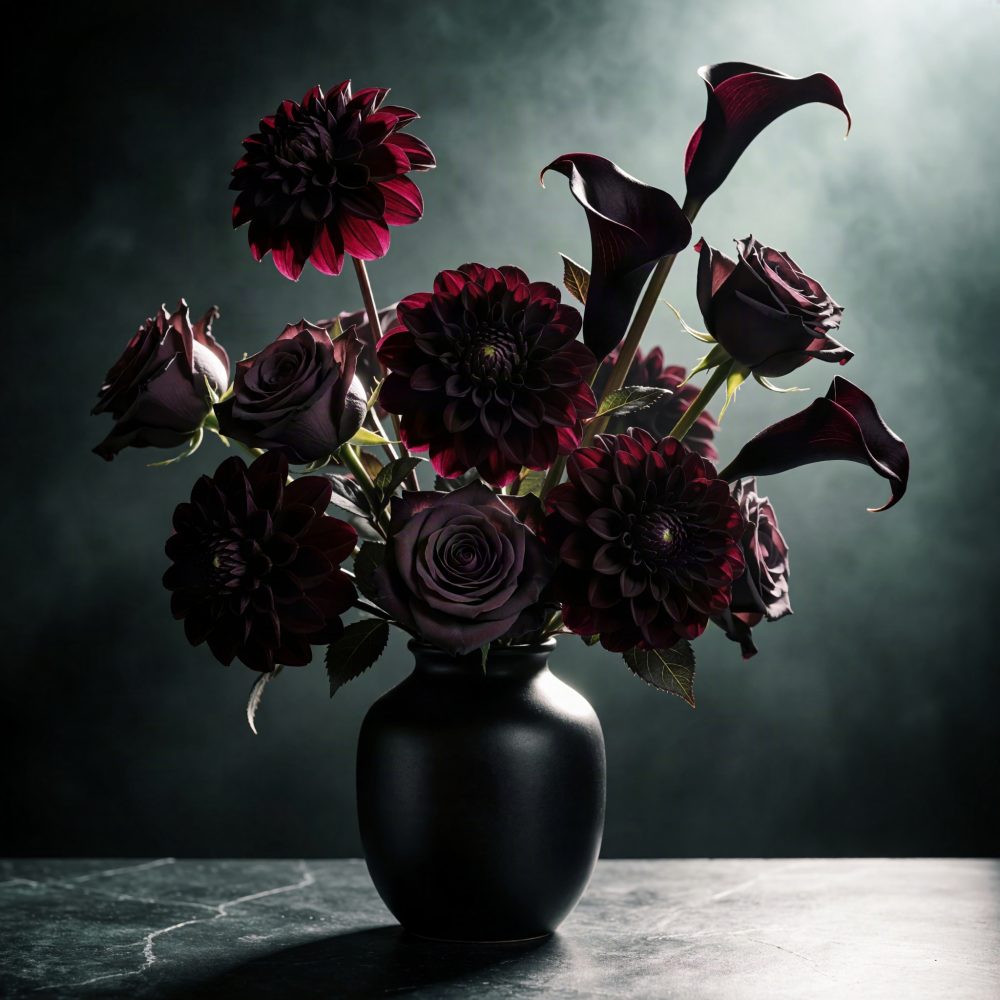 Vaso preto com arranjo floral de rosas, dálias e copos-de-leite em tons escuros e vermelhos