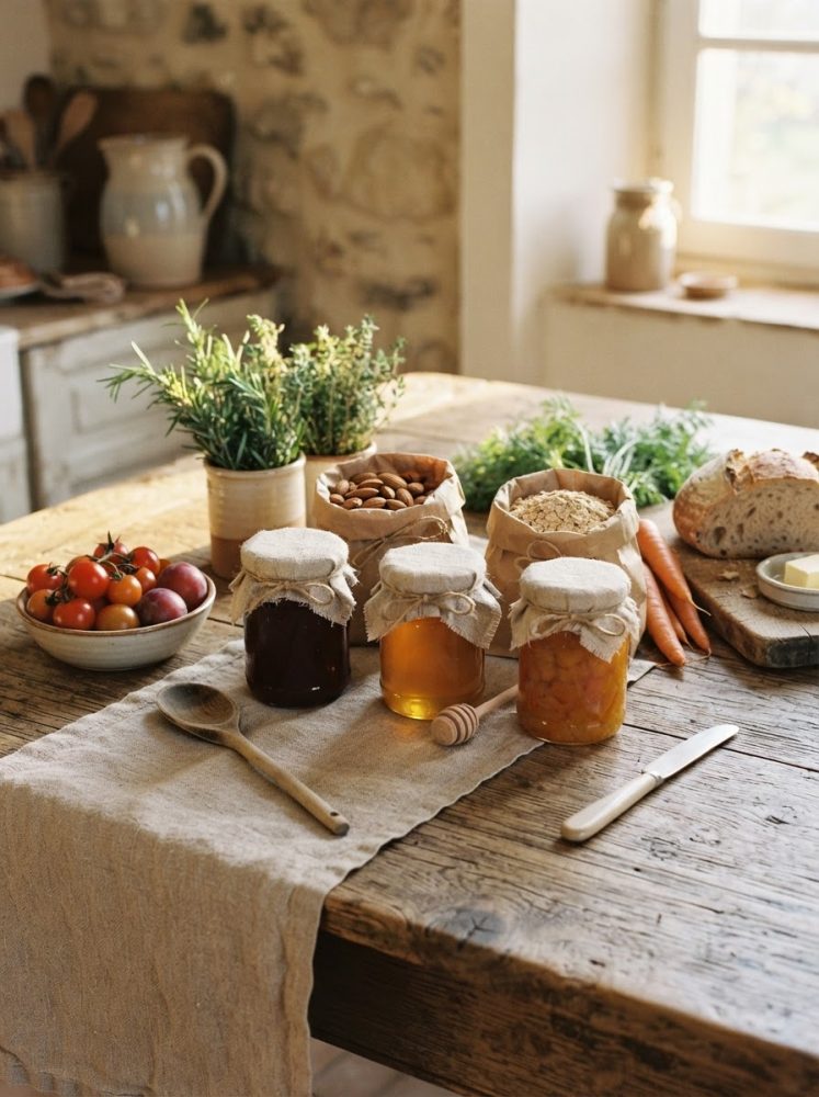 Mesa rústica com frascos de compotas, pão, legumes e ervas aromáticas em cozinha tradicional luminosa