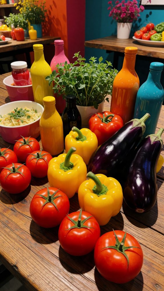 Tomates vermelhos, pimentos amarelos, beringelas, ervas frescas e garrafas coloridas sobre mesa em ambiente acolhedor