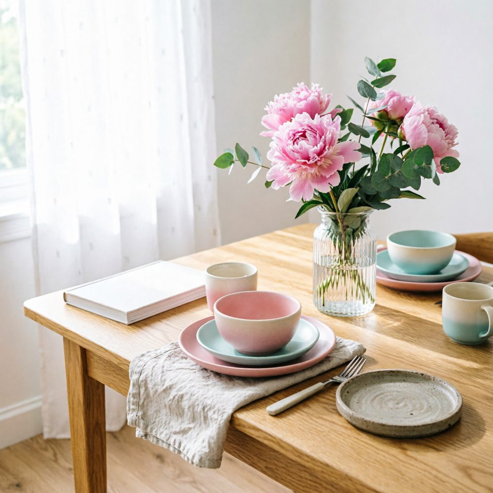 Mesa de madeira com loiça rosa e azul, vaso com flores cor-de-rosa e folhas verdes, iluminação natural