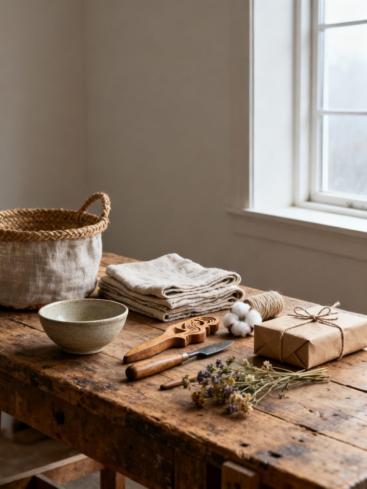 Mesa rústica com utensílios de artesanato como cesta, panos, tesoura, flores secas e pacote embrulhado
