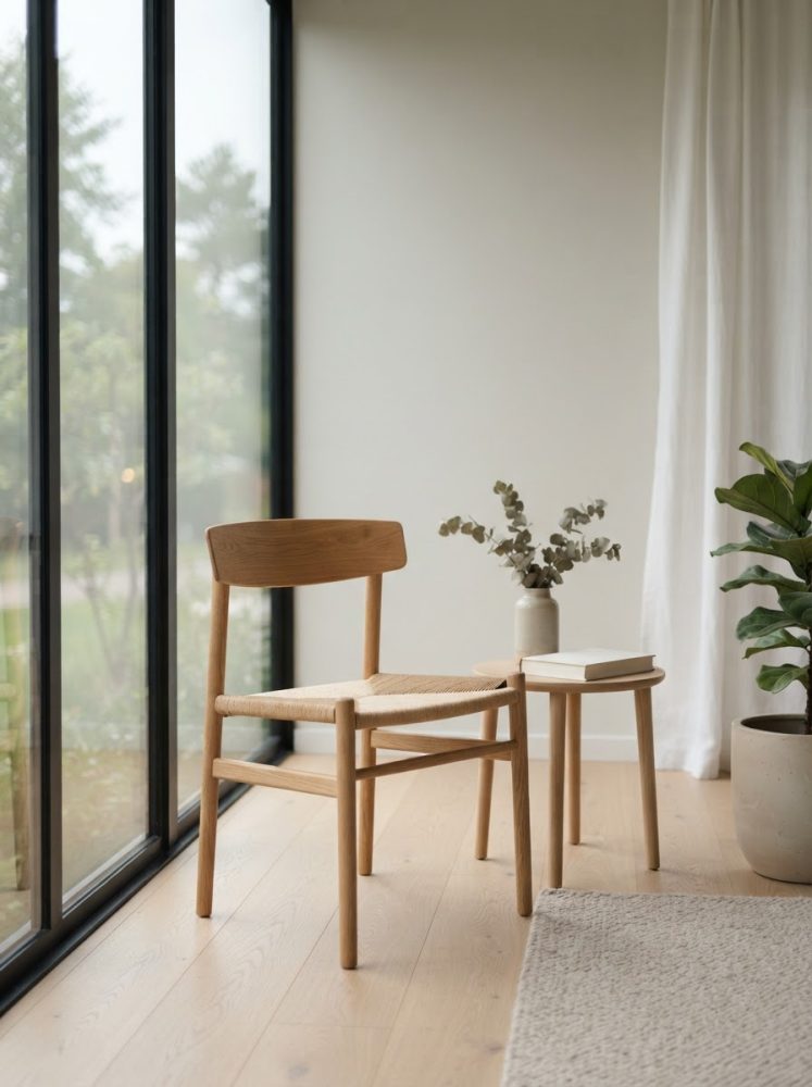 Cadeira de madeira clara com mesa lateral, vaso e livro junto a janela ampla com cortina branca