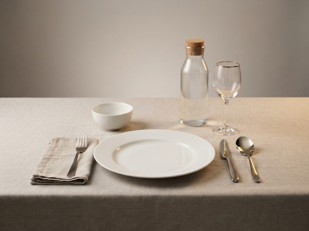 Mesa posta com prato branco, talheres, jarra de vidro com tampa e cálice sobre toalha bege