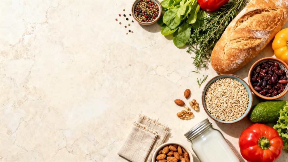Alimentos frescos naturais, pão, legumes, sementes, frutos secos e leite organizados sobre mesa clara