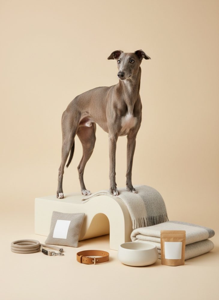 Cão cinza magro com acessórios para cães em fundo bege minimalista