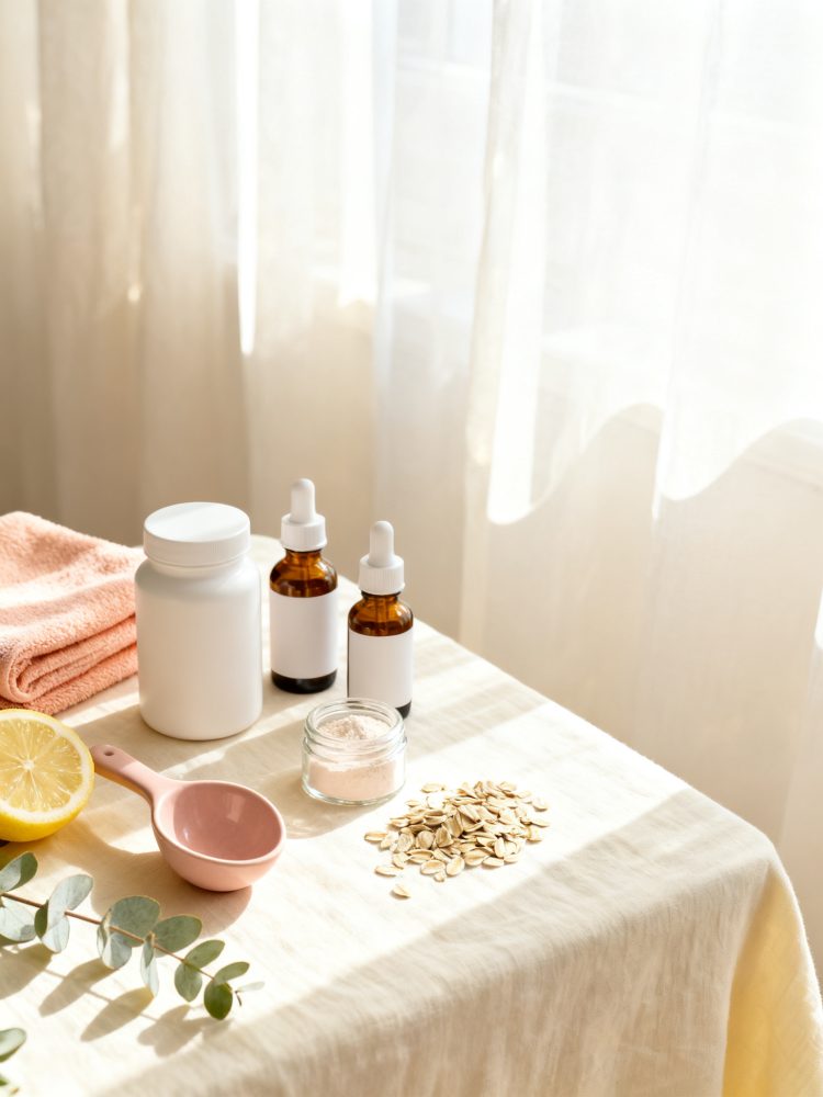 Suplementos naturais em frascos e ingredientes como sementes e limão numa mesa clara com luz suave