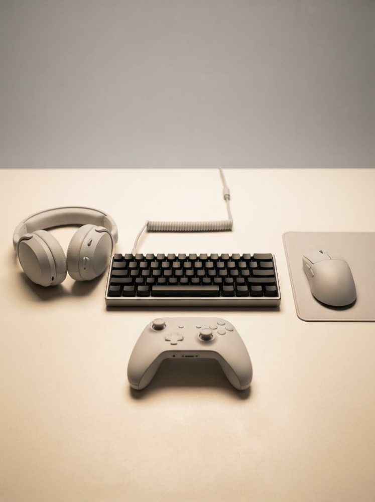 Headphones, teclado, comando e rato para gaming em tom neutro sobre mesa clara