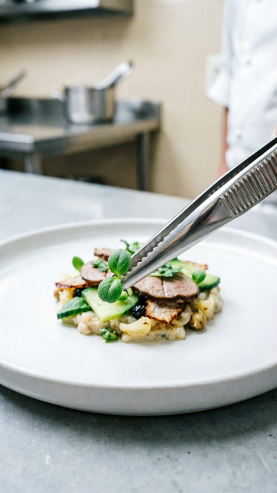 Prato gourmet com carne e ervas frescas sendo decorado com pinças numa cozinha profissional