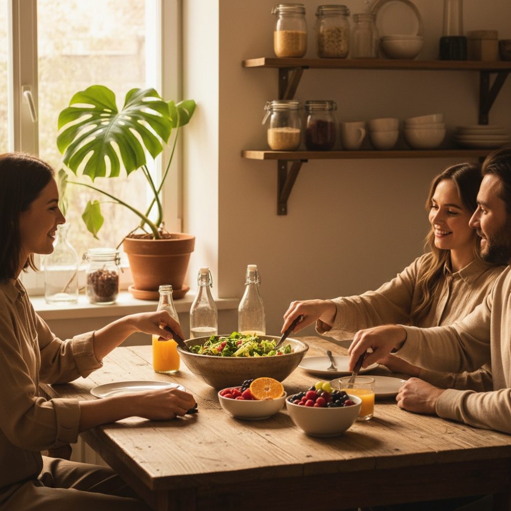 Três pessoas a partilharem salada e frutas numa mesa de madeira num espaço luminoso e acolhedor