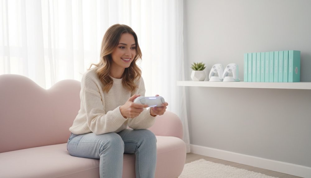 Mulher jovem sentada num sofá rosa a jogar videojogos com um comando branco numa sala luminosa minimalista