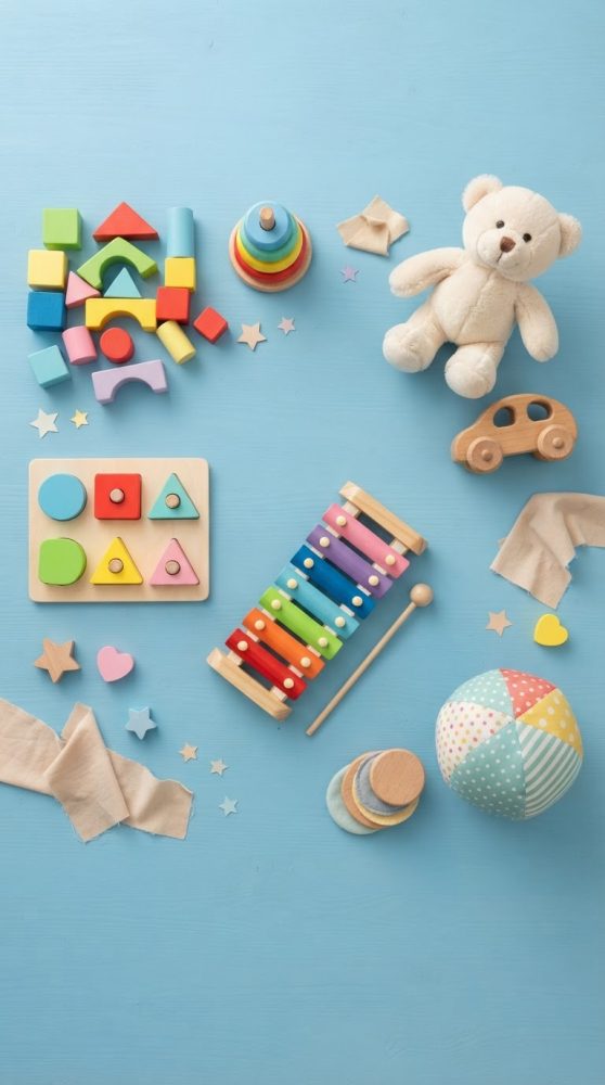 Conjunto de brinquedos educativos coloridos, ursinho de peluche, blocos de formas e xilofone, sobre fundo azul claro