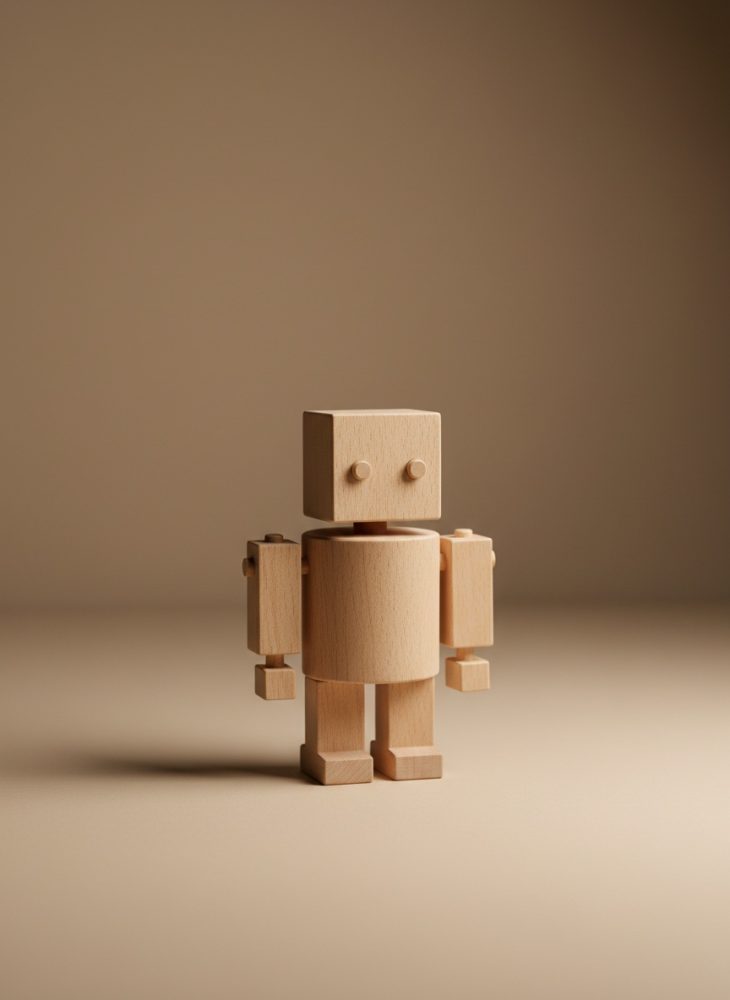 Boneco robô feito em madeira natural com design minimalista em fundo bege