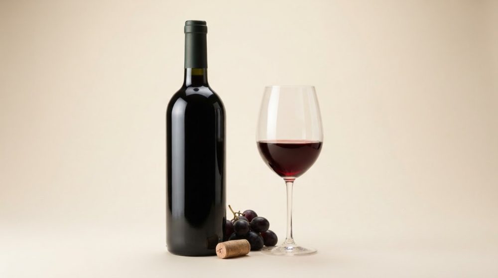 Garrafa de vinho tinto com copo e uvas em fundo claro