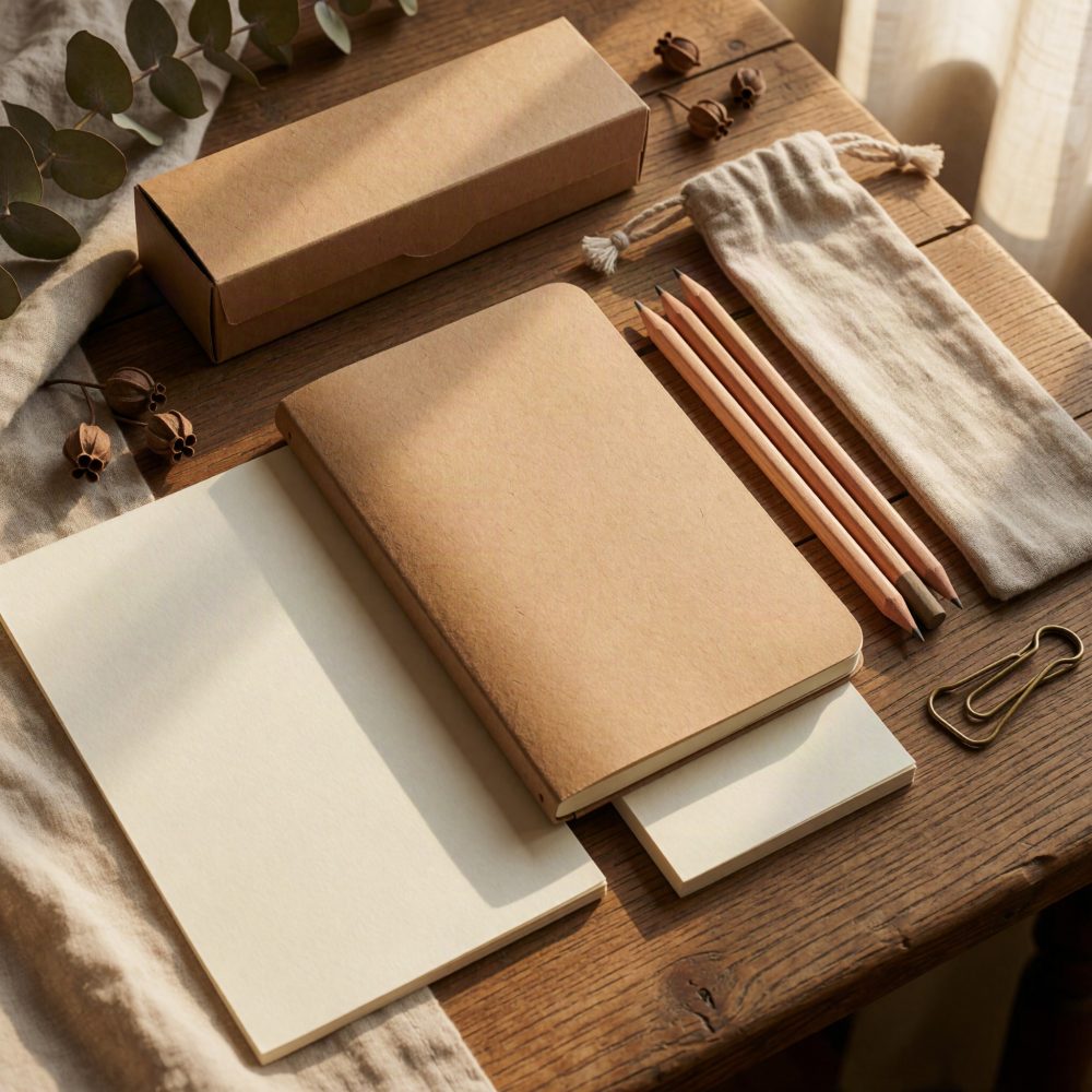 Conjunto de papelaria ecológica com cadernos kraft, lápis de madeira e estojo têxtil sobre mesa em madeira.