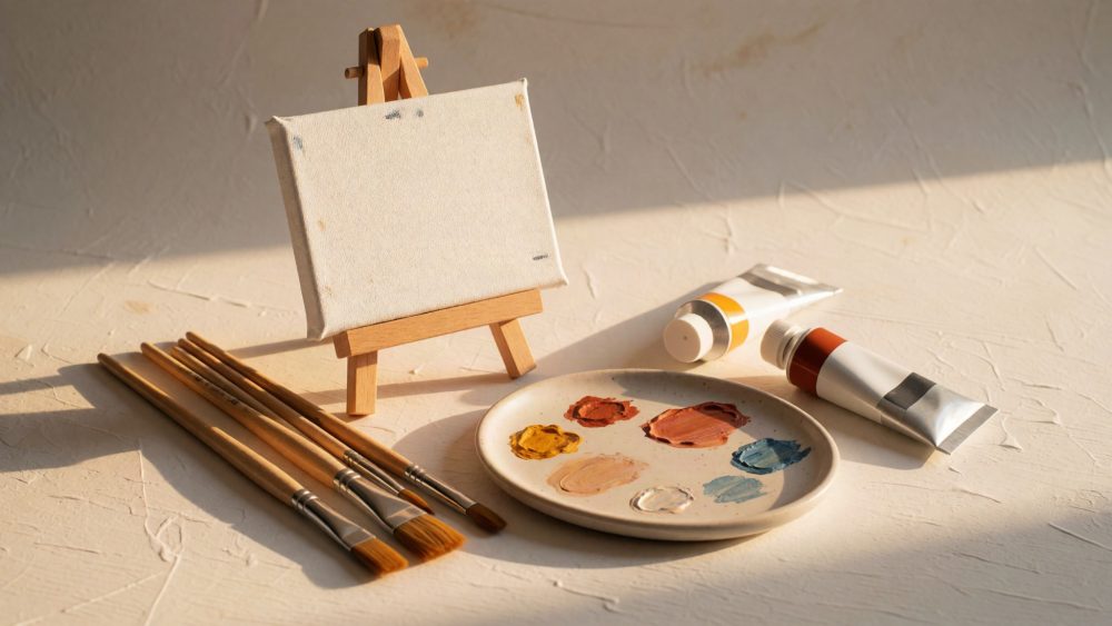 Cavalete com tela branca, pincéis, paleta com tintas coloridas e tubos de tinta sobre fundo claro