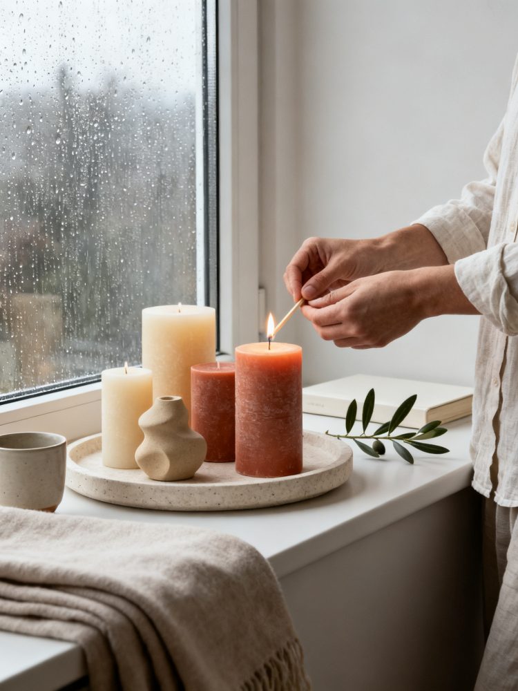 Mãos a acender uma vela num conjunto de velas decorativas junto a uma janela com chuva
