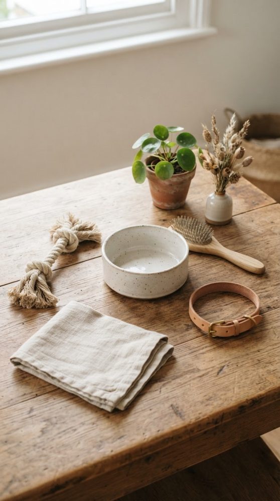 Acessórios para animais numa mesa de madeira com comedouro, escova, coleira, brinquedo de corda e toalha