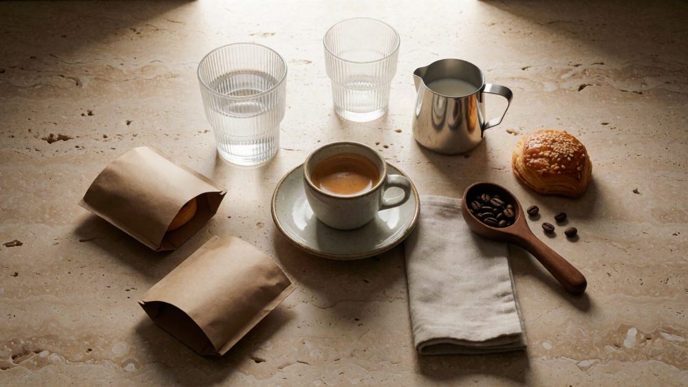 Expresso em chávena cinza com dois copos de água, jarra de leite, grãos de café e folhado sobre mesa clara