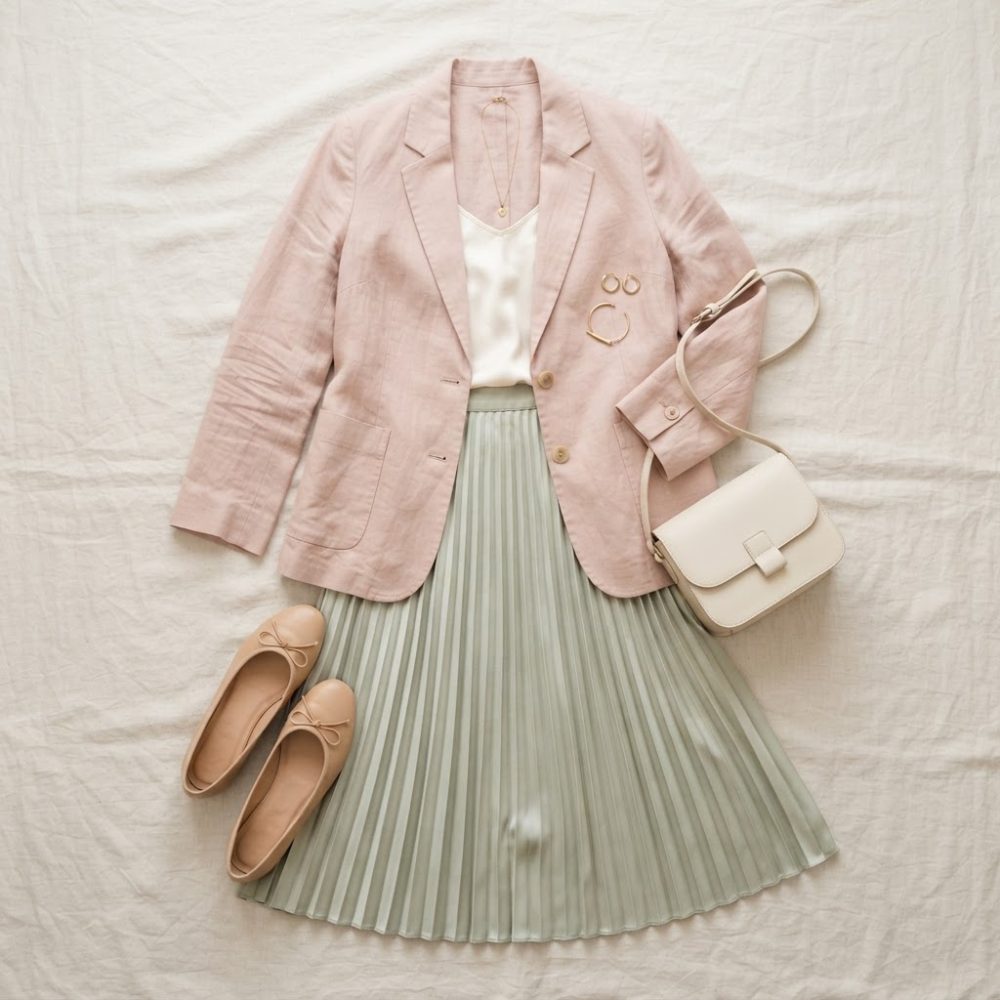 Conjunto feminino com blazer rosa, saia plissada verde, sapatilhas nude e bolsa bege