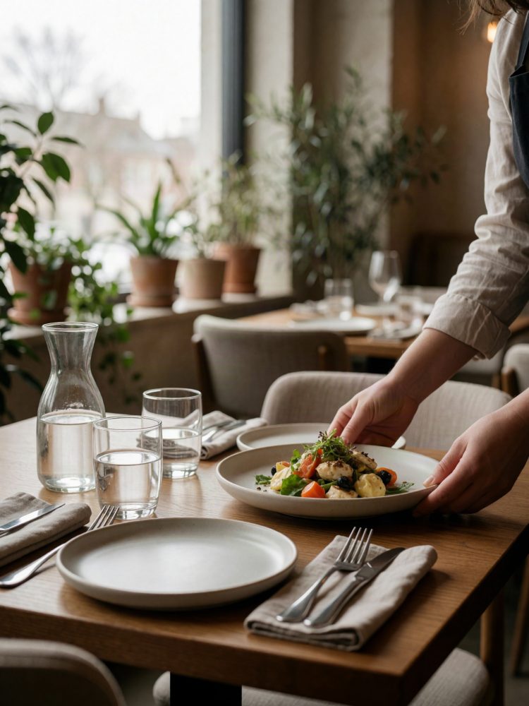 Mãos a colocar prato gourmet numa mesa posta com copos, pratos e plantas ao fundo
