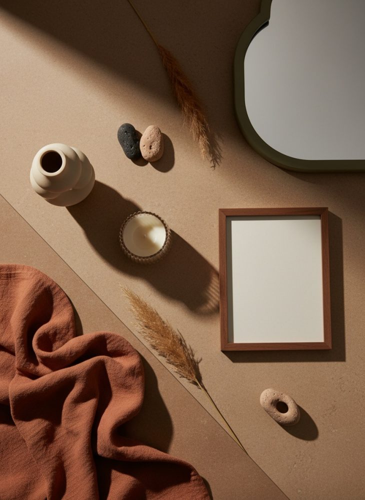 Composição minimalista de decoração com vaso, moldura de madeira, espelho, vela e tecido em tons terra