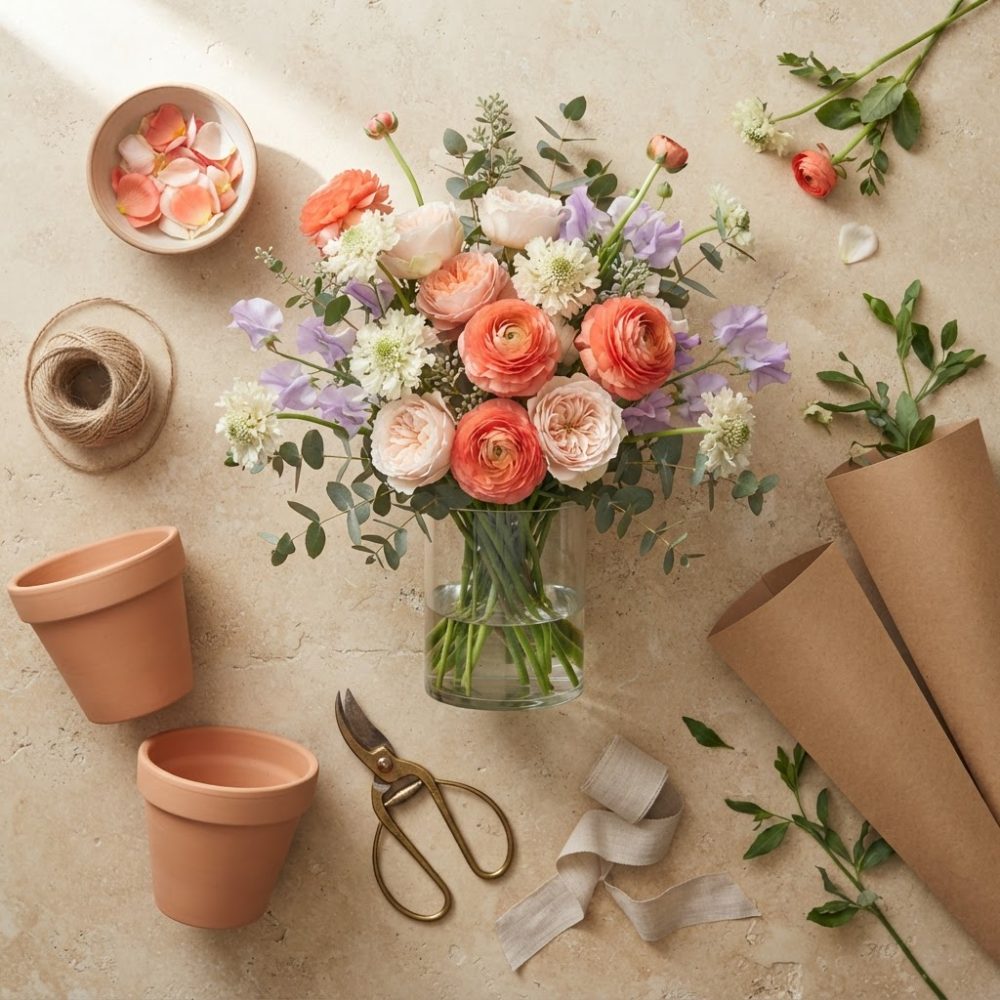 Bouquet de flores coloridas em vaso de vidro com vasos de barro e acessórios de jardinagem