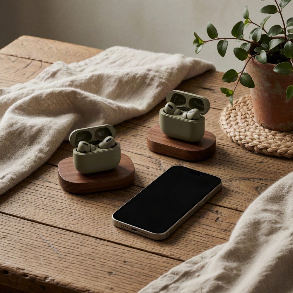 Dois pares de auriculares sem fios verdes e smartphone sobre mesa de madeira rústica com planta e tecido