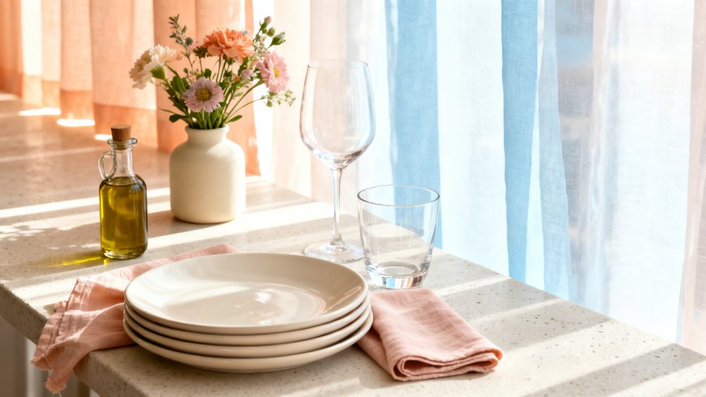 Mesa com pratos empilhados, copos, frasco de azeite e jarro de flores junto a cortinas coloridas