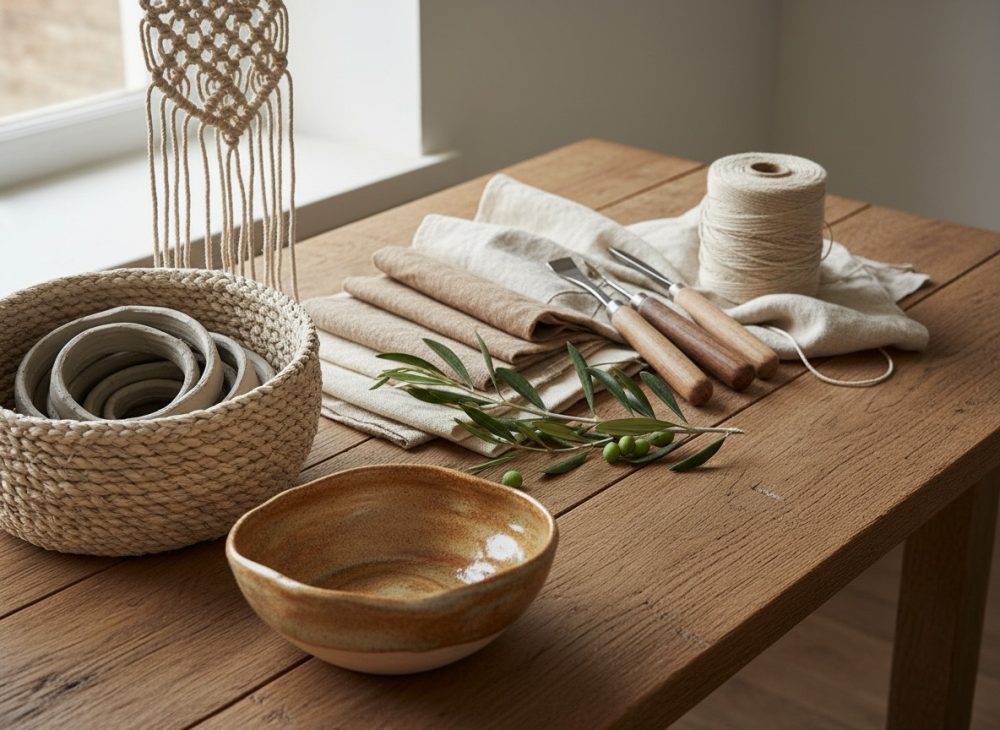 Mesa de madeira com materiais para artesanato incluindo bowl de cerâmica, corda, ferramentas e ramo de oliveira