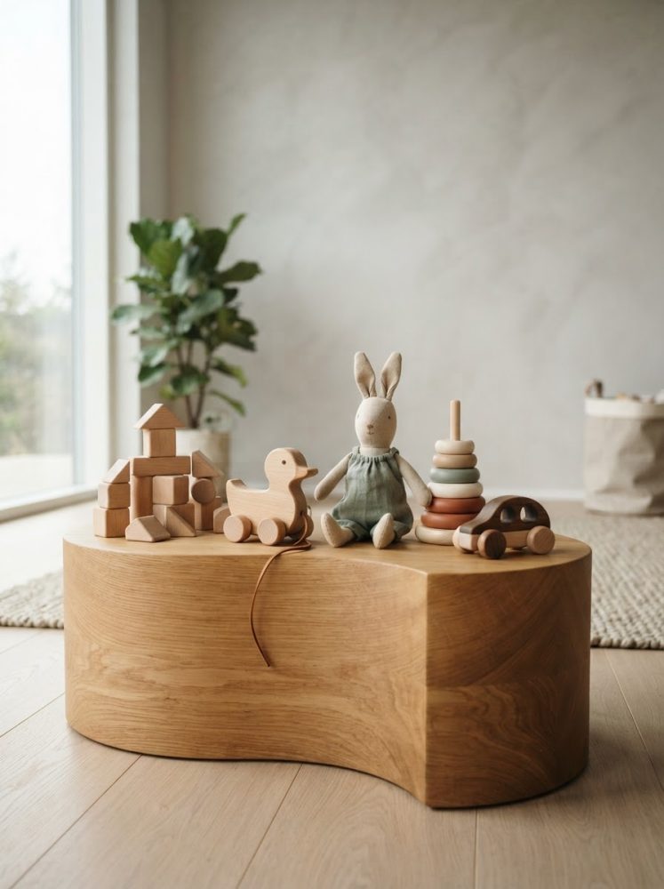 Mesa de madeira com brinquedos infantis de madeira e coelho de peluche