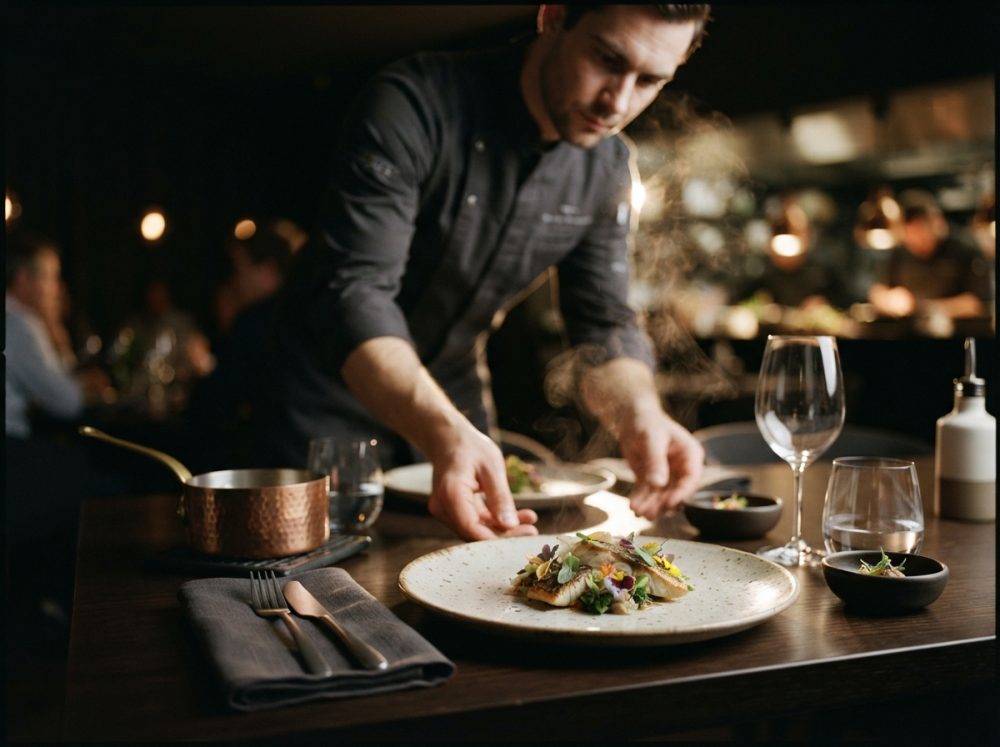 Chef em uniforme preto a preparar prato gourmet numa mesa com talheres e copos num restaurante elegante